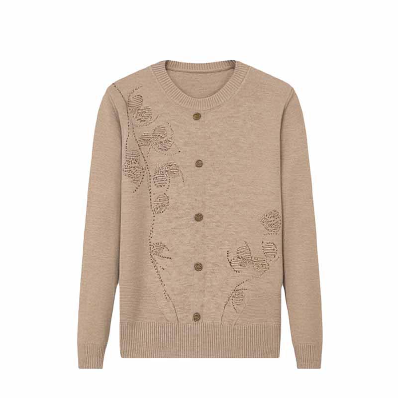 Women's Versatile Round Neck Embroidered Cardigan - Knitwear for Middle-aged and Elderly, Spring & Autumn, Mercerized Cotton