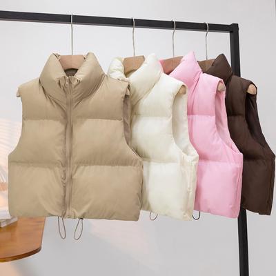 European and American Style Women's Autumn Winter Down Cotton Vest Stand Collar Thickened Warm Short Style Sleeveless Cotton Coat Waistcoat Outer Wear