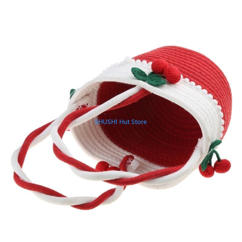 Handmade Cherry Portable Small Bag Cotton Thread Straw Woven Bags for Valentine‘s Day Girlfriend Gift Seaside D57B