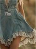 Western V-Neck Lace Trim Light Blue Denim Mini Skirt