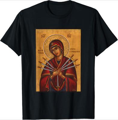 Theotokos Mother Mary Eastern Orthodox Byzantine Art Church Design-100% Cotton O-neck Short Sleeve Printed Men's T-shirt.