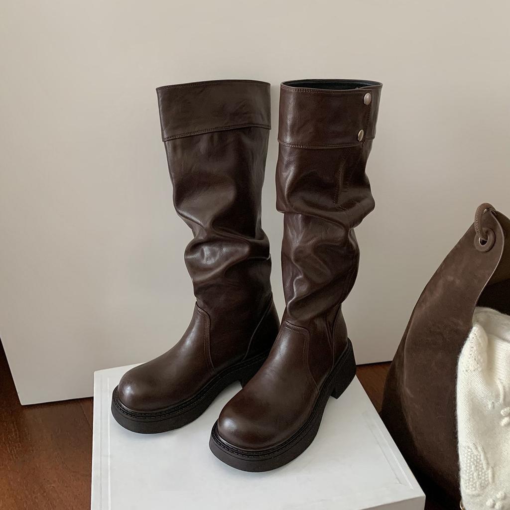 Cowhide version~ French retro 5cm height increase~ three-dimensional round head thick sole thick heel snap button knight boots women's autumn and