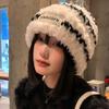 Big Size Pile Hat Wool Stripes Winter Cap New Knitted Hat  Women