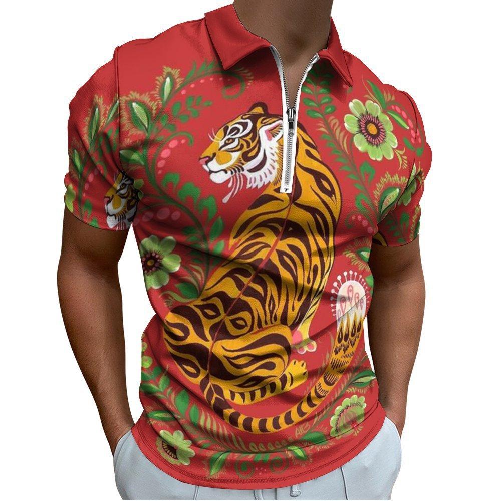 Zebra & Tropical Print Short Sleeve Zip-up Polo, Stylish Casual Top
