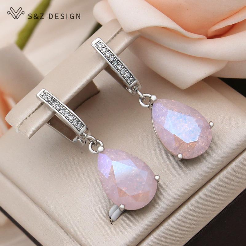Fashion Water Drop Ice Crack Crystal Dangle Earrings For Women Wedding Rose Gold Color Cubic Zirconia Jewelry