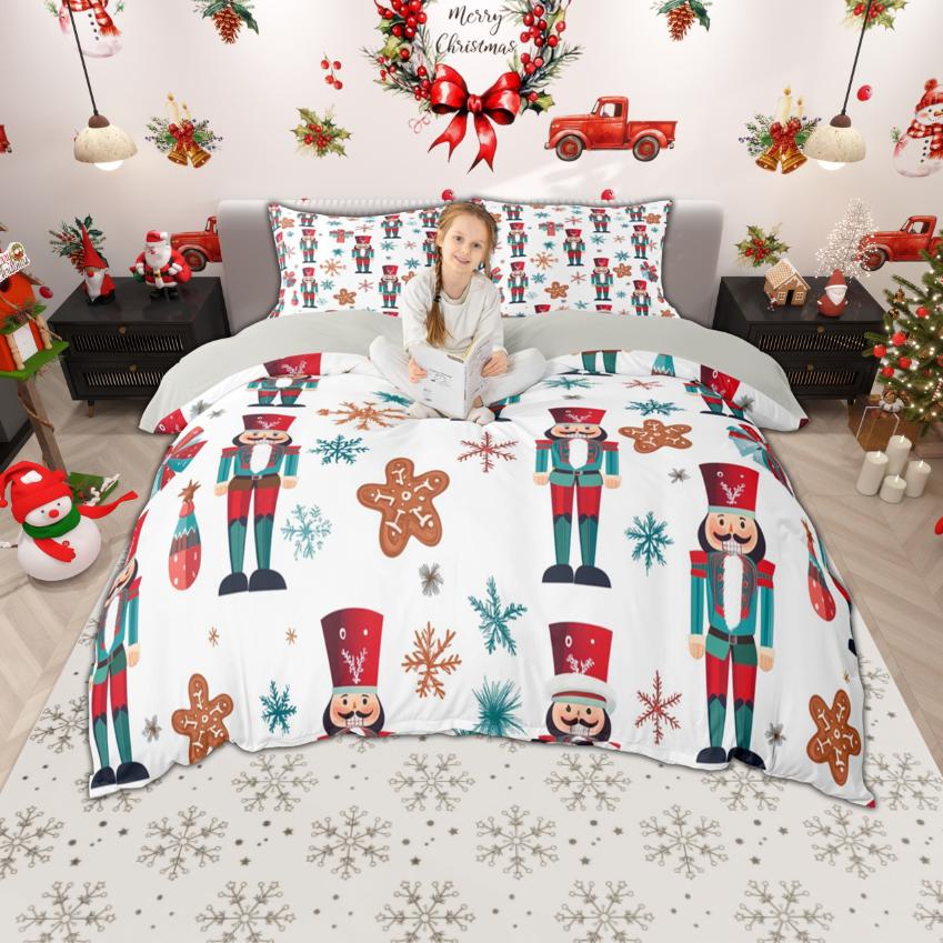 Homewish Cartoon Santa Claus Duvet Cover Set for Boys Girls, Christmas Tree Bedding Set, Snowflakes Snowman Bed Set