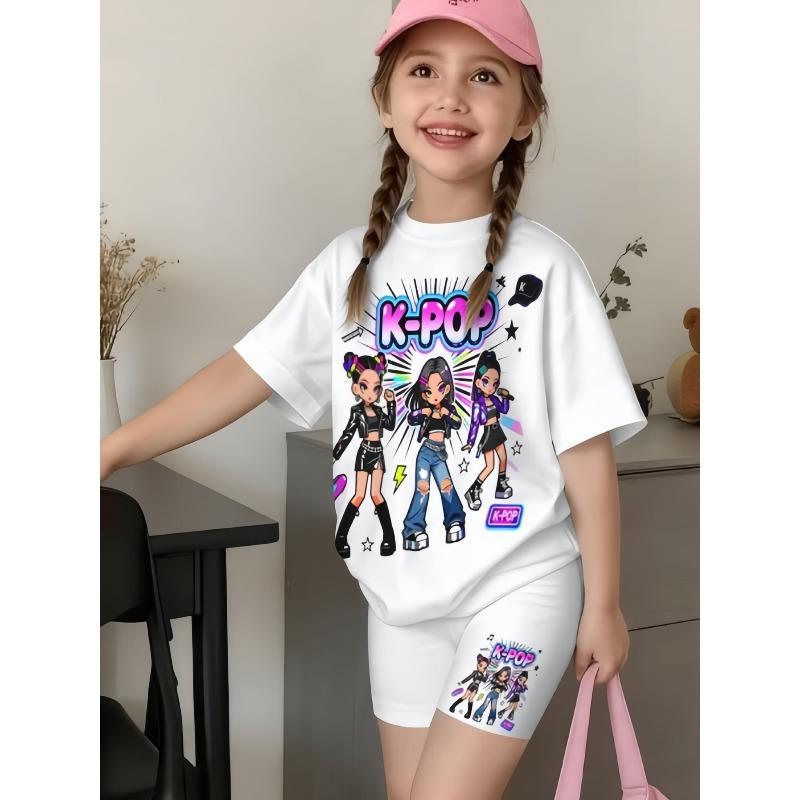 Fun Kpop Demon Hunters Women's Short-sleeved Shorts Set for Women's Crew Neck Short Sleeve Tees Fashion Women's Outfit