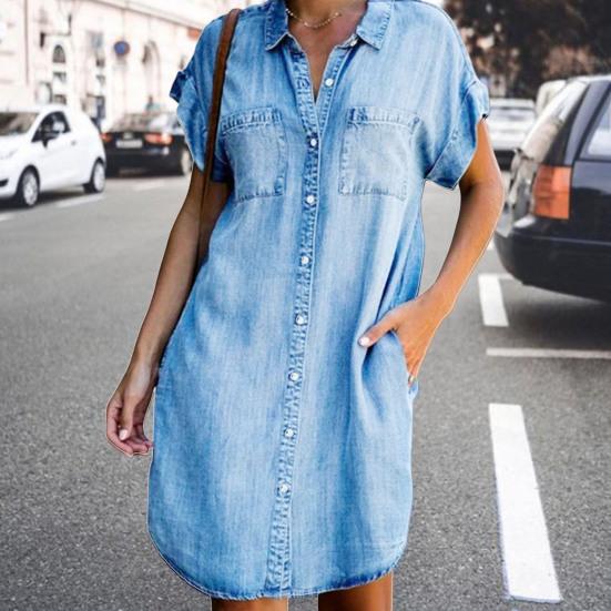 Ladies Dress Button Pocket Short Sleeve Lapel Solid Color Daily Wear Single-breasted Side
