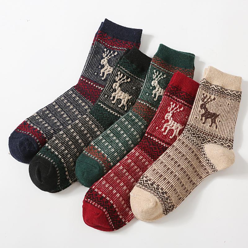 5/10 Pairs Women Double Layer Octagonal Flower Rabbit Wool Socks Autumn Winter Retro Coarse Knit Socks