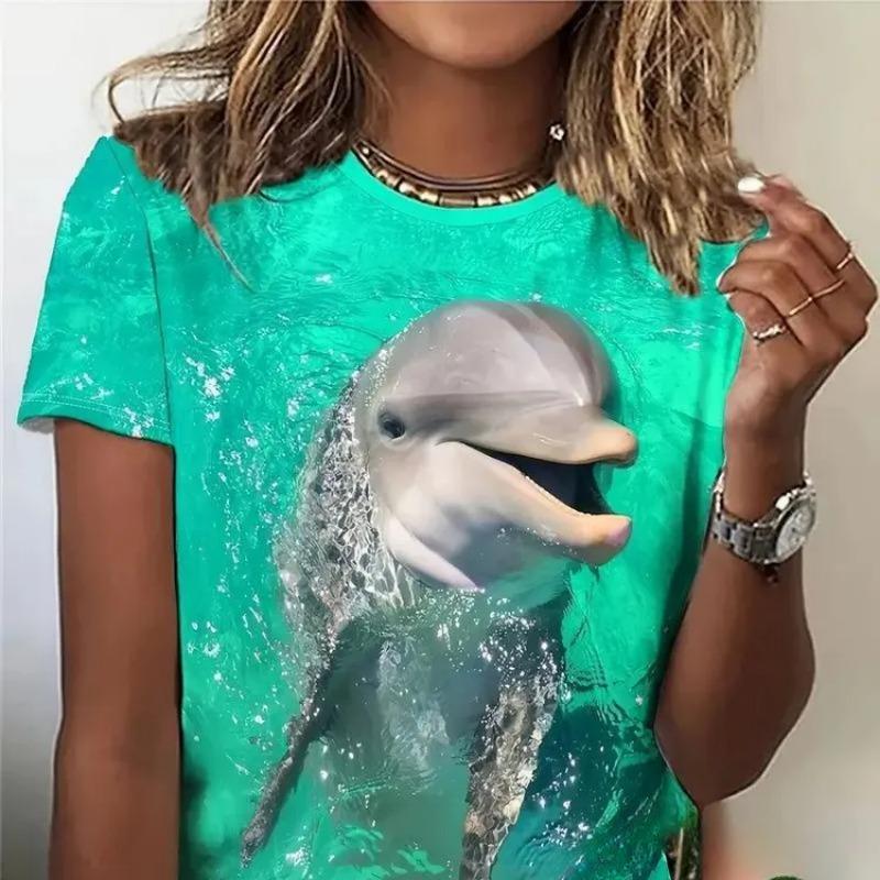 Casual Fashion Simple Abstract Painting Animal Sea Dolphin Breathable 3D Printed Round Neck Short Sleeve T-shirt Casual Sports Shirt