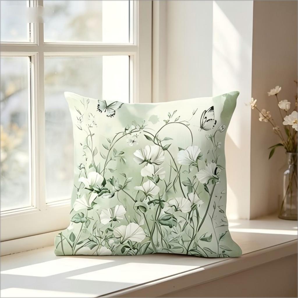 Federa Cuscino Decorativa da Divano con Stampa Floreale di Farfalle Verdi ad Acquerello, Morbido Cuscino Decorativo da Giardino Botanico Salvia