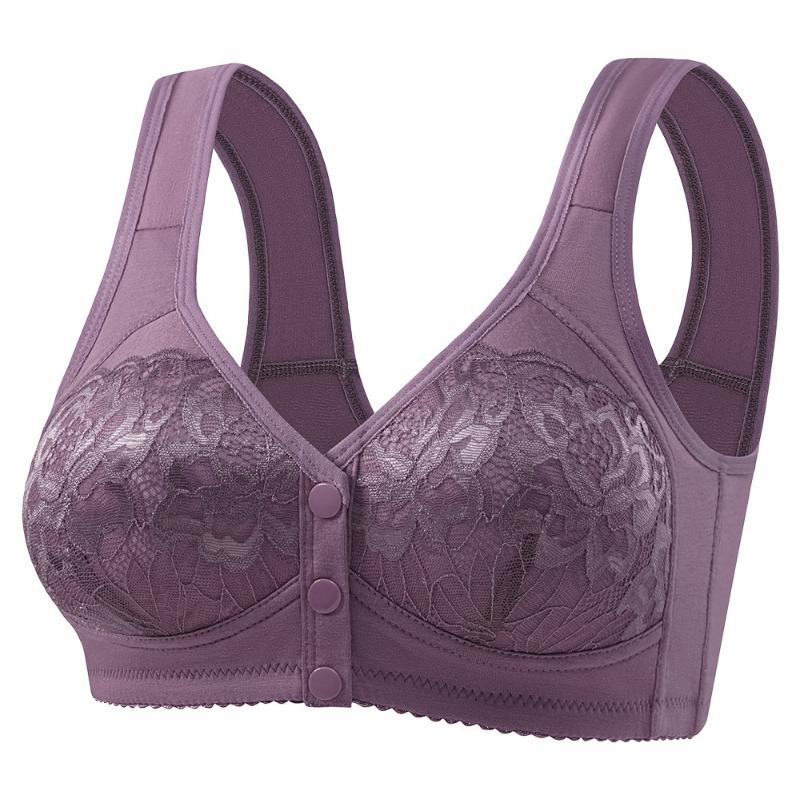 Red Front Button Wireless Bra with Lace Overlay and Wide Straps L фиолетовый