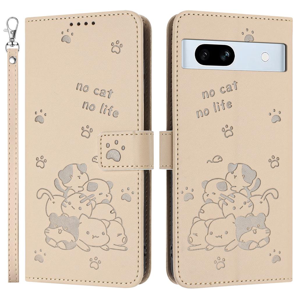 For Google Pixel 7a Case with Strap Cats Imprint Leather Wallet Phone Cover