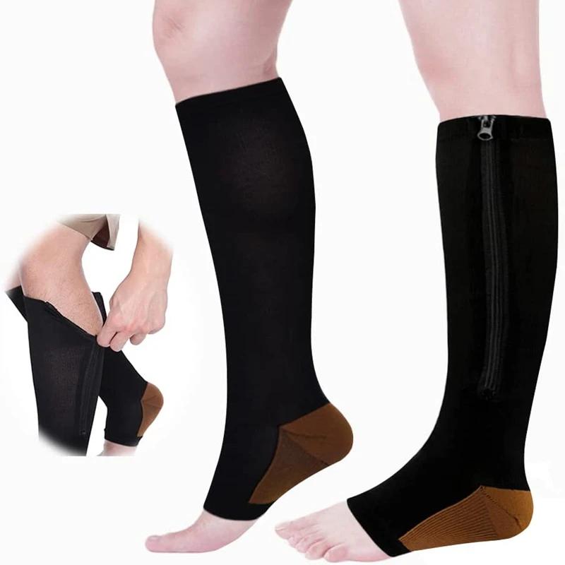 1 Pair Zipper Calf Compression Socks Knee High Open Toe Support Graduated Medical Varicose Veins Hosiery for Men Women