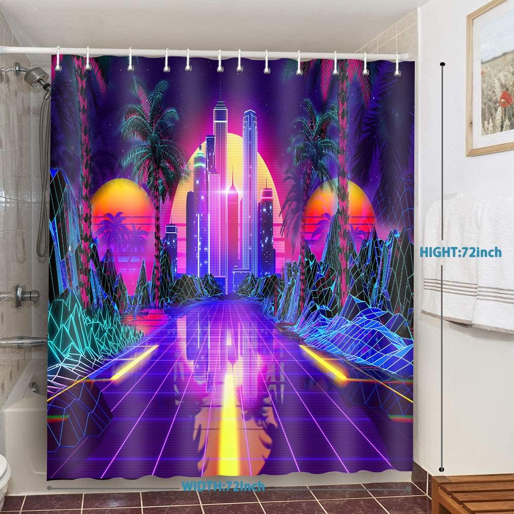 Punk Shower Curtain Retro 80 s Party Sci-Fi Neon Tropical Coconut Tree Colorful Abstract Bathroom Decoration Accessories Curtain