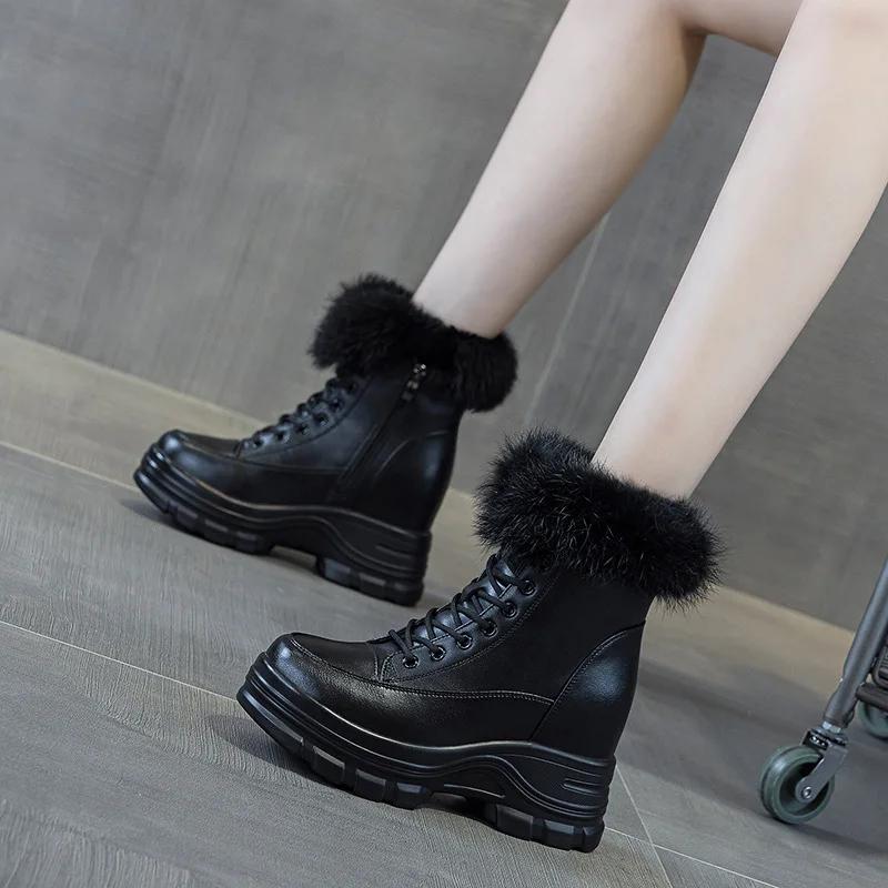 Fashion 9CM Genuine Leather Fashion Women Ankle Booties Platform Wedge Flats Winter Plush Autumn Warm Boots Spring Shoes Chimney