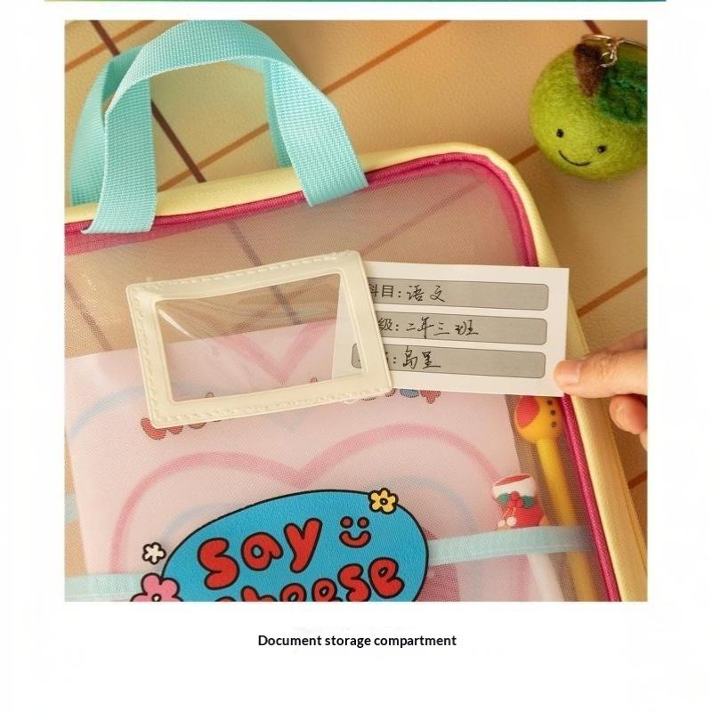 Colorful Cute Large Capacity File Bag, Transparent Document Handbag For Student Exams, A4 Zipper Paper Storage Bag