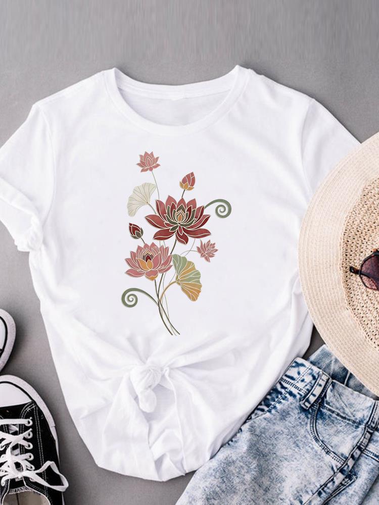 (Asian Size) butterfly flower sweet Short Sleeve T-shirts T shirt Print Women's Top O-neck  Fashion Female Casual Clothing Graphic Tee