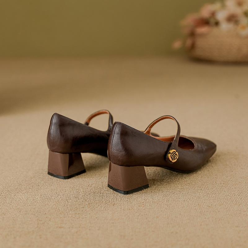 Leather high heels women's retro Mary Jane thick heels single shoes women's fashion 2025 spring new women's wear high sense