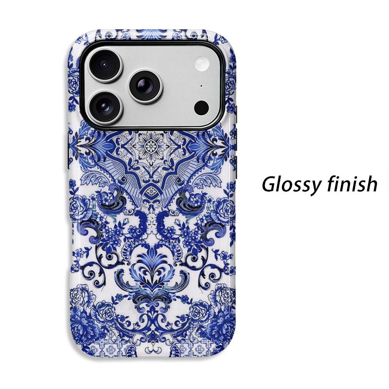 Porcelain Blue Stylized Floral Pattern Art Graphic Design Film Aesthetic Protective Shockproof Bumper Phone Case Cover For iPhone 14 15 16Pro Max Plus