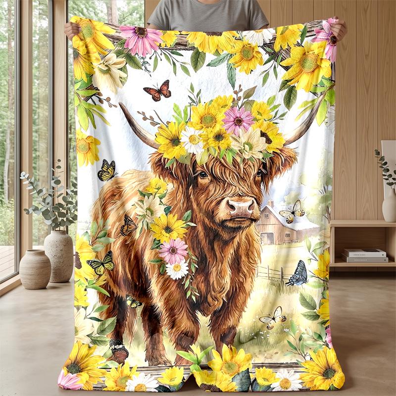 Flower Crown Highland Cow Theme Blanket Lightweight Warm Flannel Blanket Decorative Throw Blanket for Home Decoration
