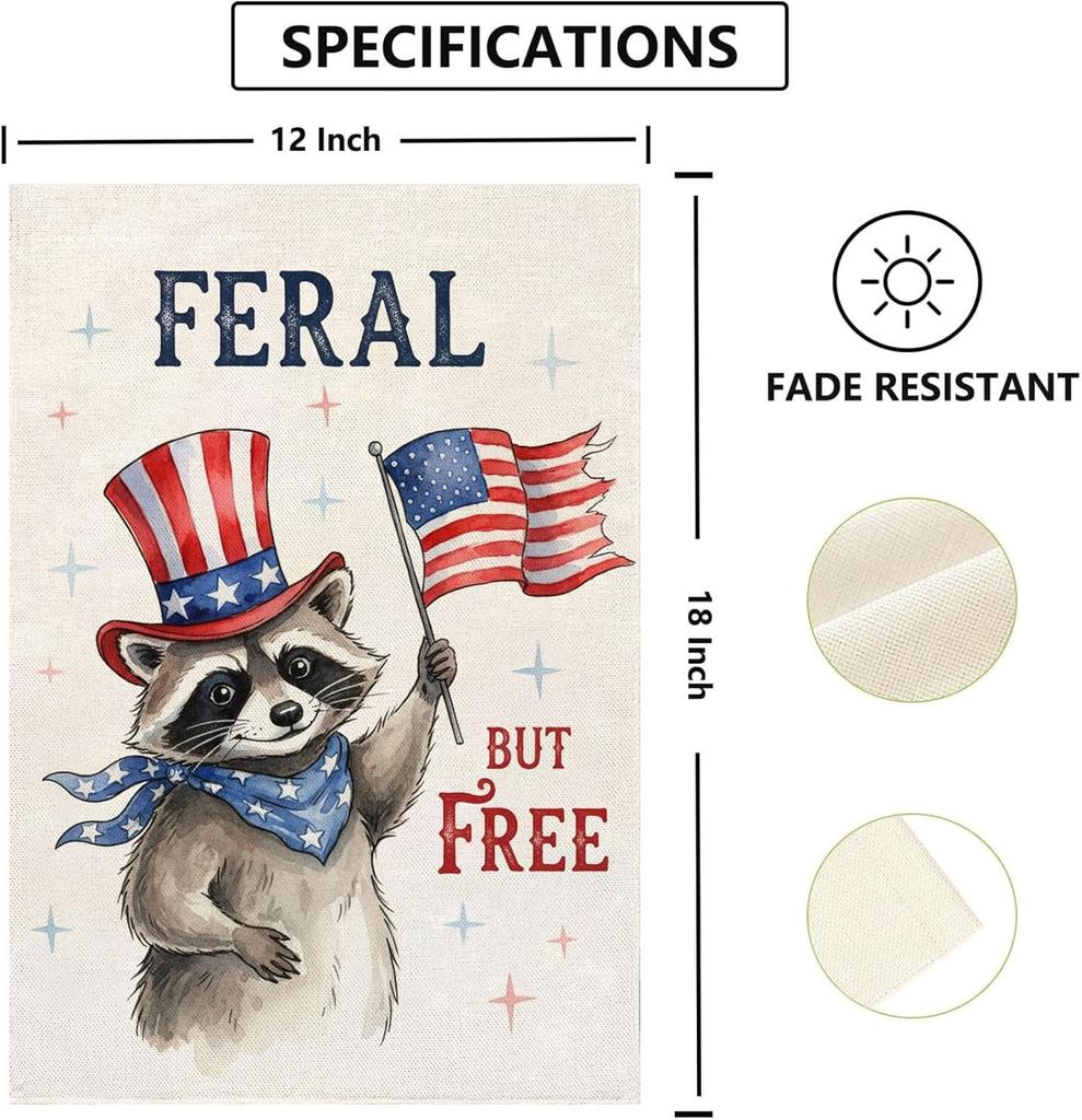 Feral but free 4th of July Garden Flag 12x18 Inch Double Sided Outdoor Independence Day Patriotic American Funny Opossum Hol
