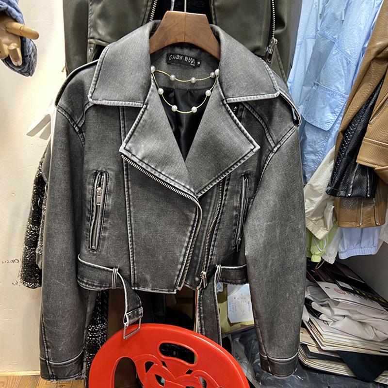 Retro kožená bunda Hong Kong Style Dámská Krátká jarní a podzimní nový ležérní trend letošního roku oblíbená PU kožená bunda na motorku
