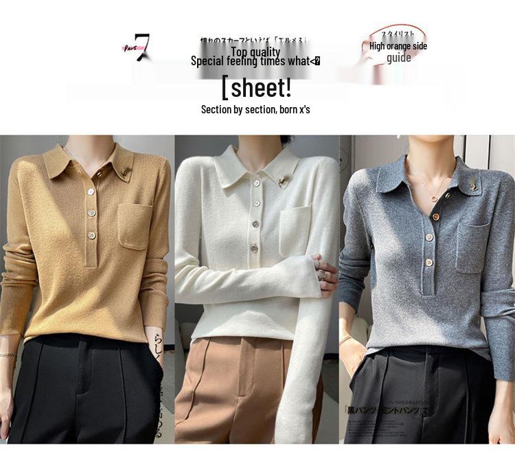 Women's Slimming Knit Wool Polo Collar Top with Pockets - Spring Style