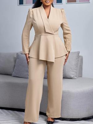 Damen Stilvolles Lapel Langarm Top & Lockere Gerade Hosen Set 2025