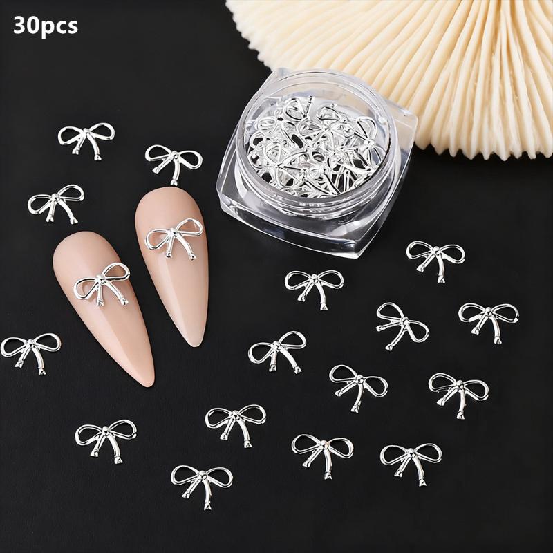 

30 Pcs/Box 3D Exquisite Metal Ties Nail Art Charms Minimalist Gold Silver Ribbon Line Bows Wings Mixed Nail Decorations Diy Nail серебряный