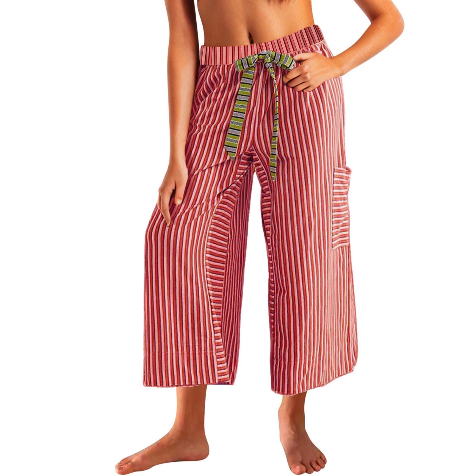 

Женские широкие брюки с карманами, легкие свободные укороченные брюки с высокой талией и завязкой на ремне M красный