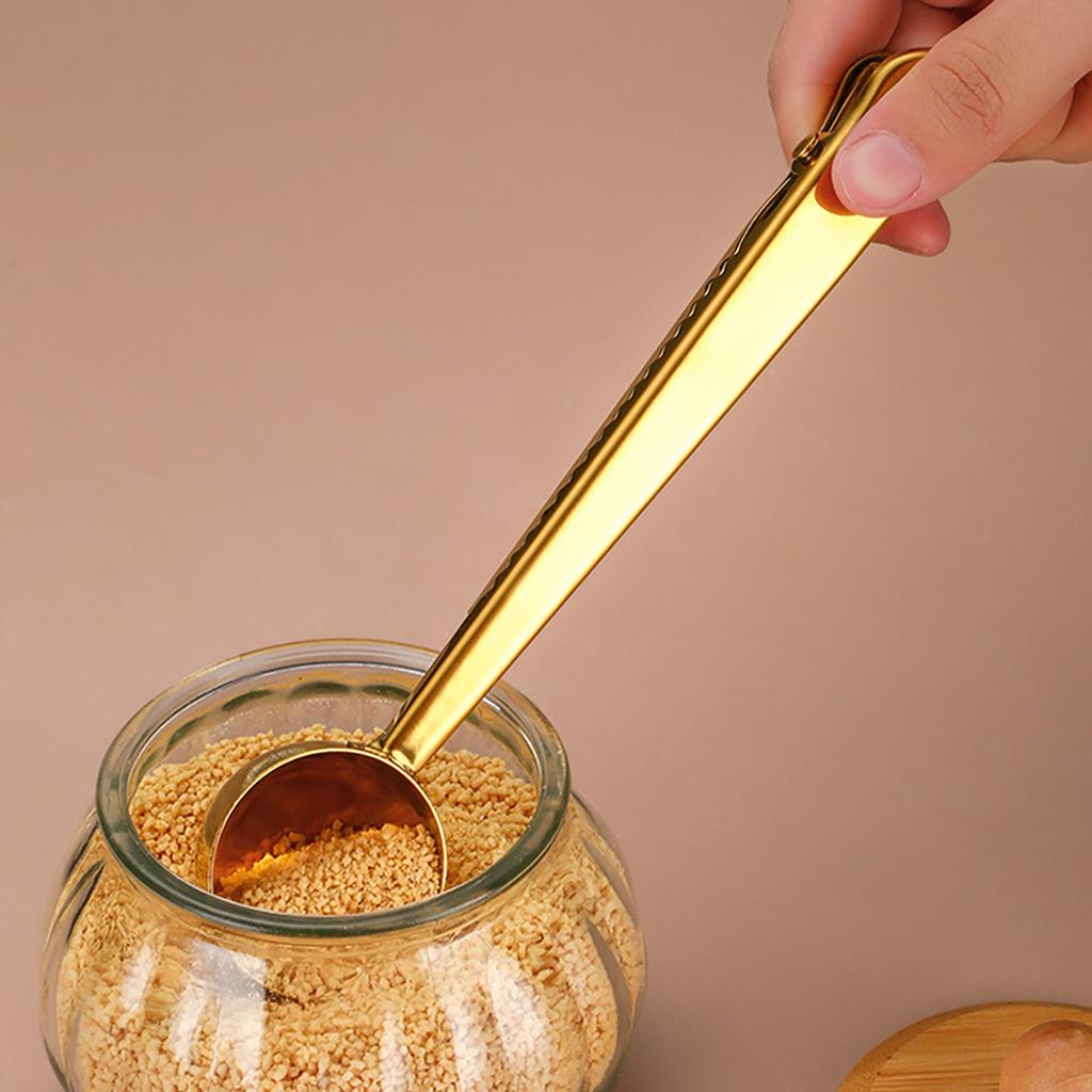 2pcs Stainless Steel Coffee Spoon Clip Household 2in1 Milk Powder Spoon Sealing Clip Golden Measuring Spoon Kitchen Baking Tool