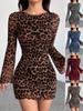 Women's Sexy Leopard Print Mesh Dress with Round Neck & Long Sleeves