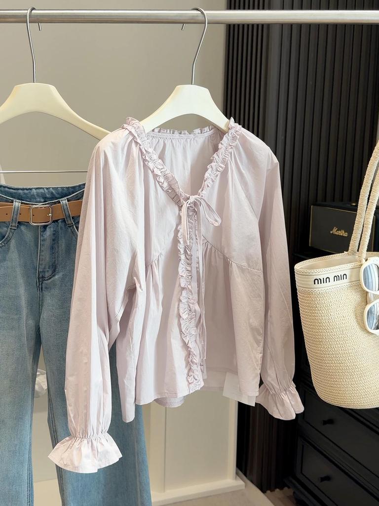 Korean Style Ruffle Patchwork Long-Sleeve V-Neck Lantern Top for Women - Spring Design
