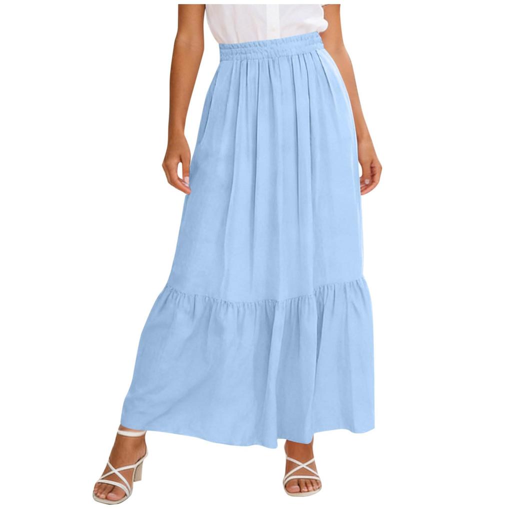 Damen Maxirock mit hoher Taille und Taschen, Faltenrock, lockere Passform, mehrlagig, lang, leichte, lässige Passform