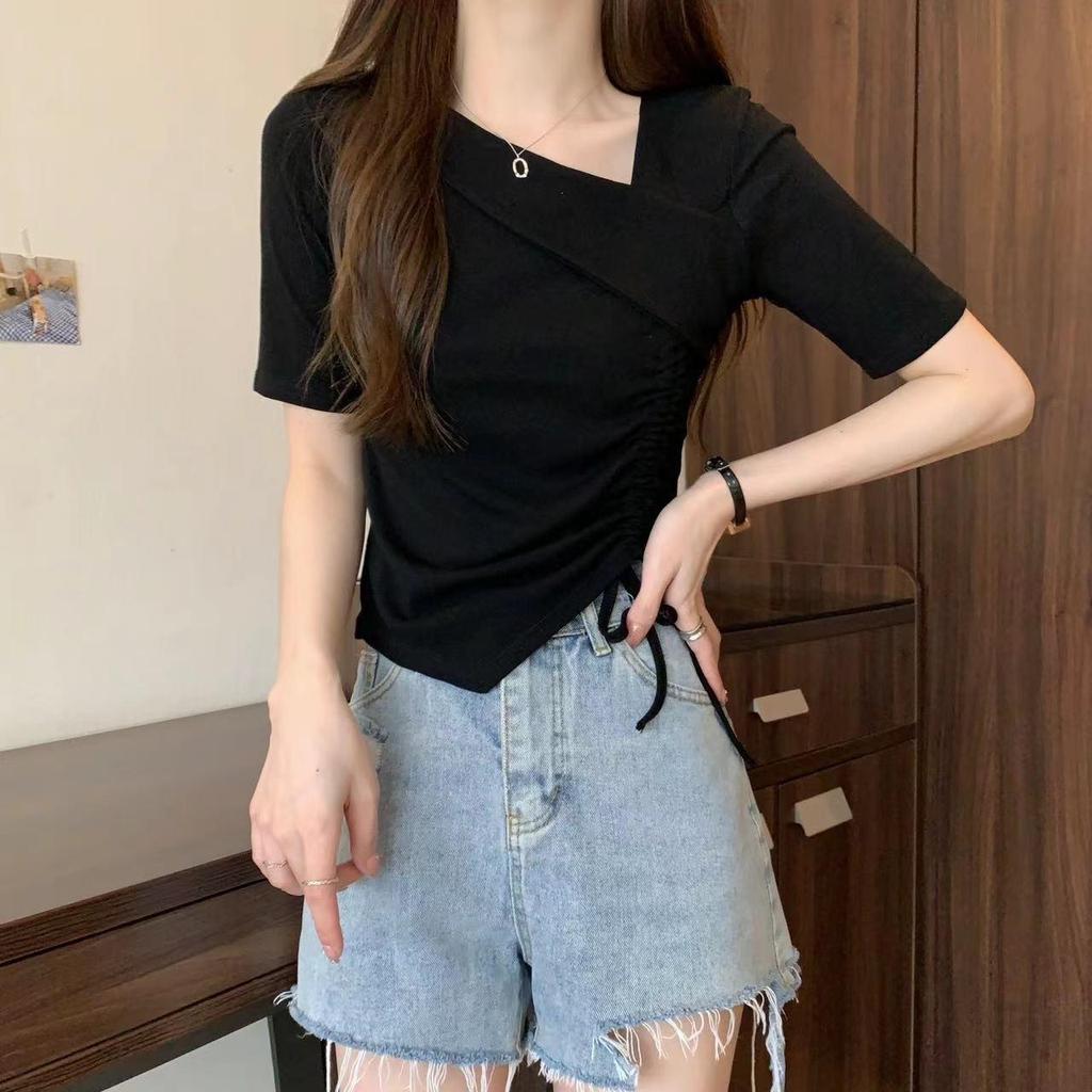 Irregular Asymmetric Neck Drawstring Short Sleeve Women's Summer T-shirt - New Sweet Chic Design, Versatile and Unique.