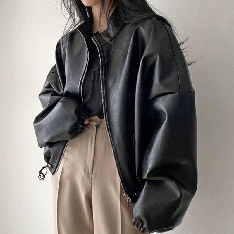 Korean Stand Collar Zipper Motorcycle Leather Jacket with Pockets & Drawstring for Women