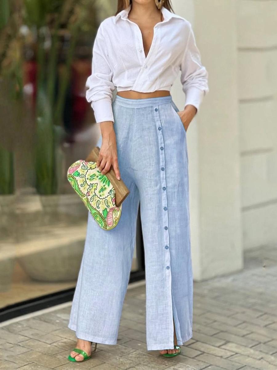

Women s Autumn Fashion Casual Solid Turn-Down Collar Shirt Loose Pants Two Piece Set XXL синій