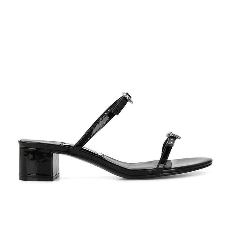 Round Head Double with Love Diamond Buckle Adjustable Flat Sandals Women's Leather Thick Heel High Heel Sandals