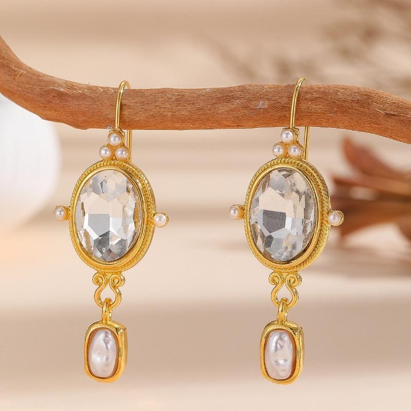 

Винтажные овальные серьги-подвески из металла, инкрустированные белыми камнями и имитацией жемчуга, модные серьги для вечеринок для женщин