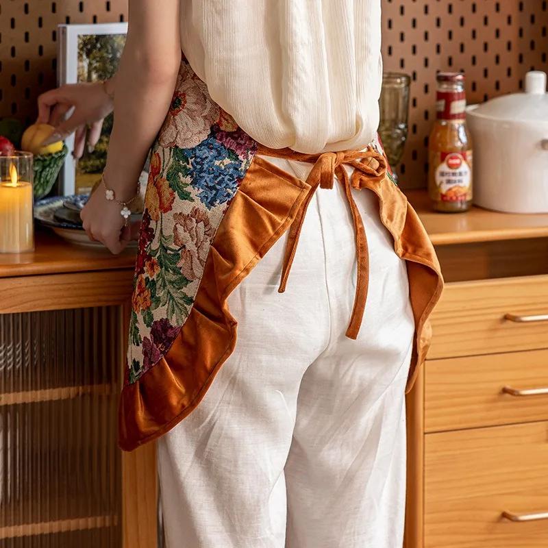Designer Vintage Women Apron Home Kitchen Cooking Hanging Neck Art Smock French Lace Pocket Floral Smock Woman