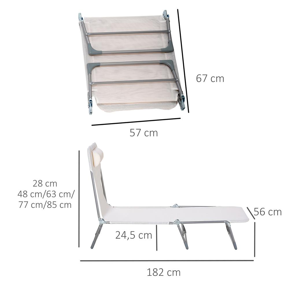 Sun Lounger Reclining Folding Deck Chair with Pillow Backrest Adjustable To 5 Levels Cream