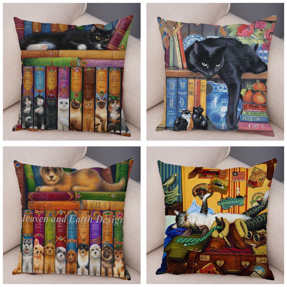 Oil Painting Color Cat Cushion Cover Pillowcase Home Decor Cartoon Animal Sofa Pillowcase Pillowcase Aesthetics