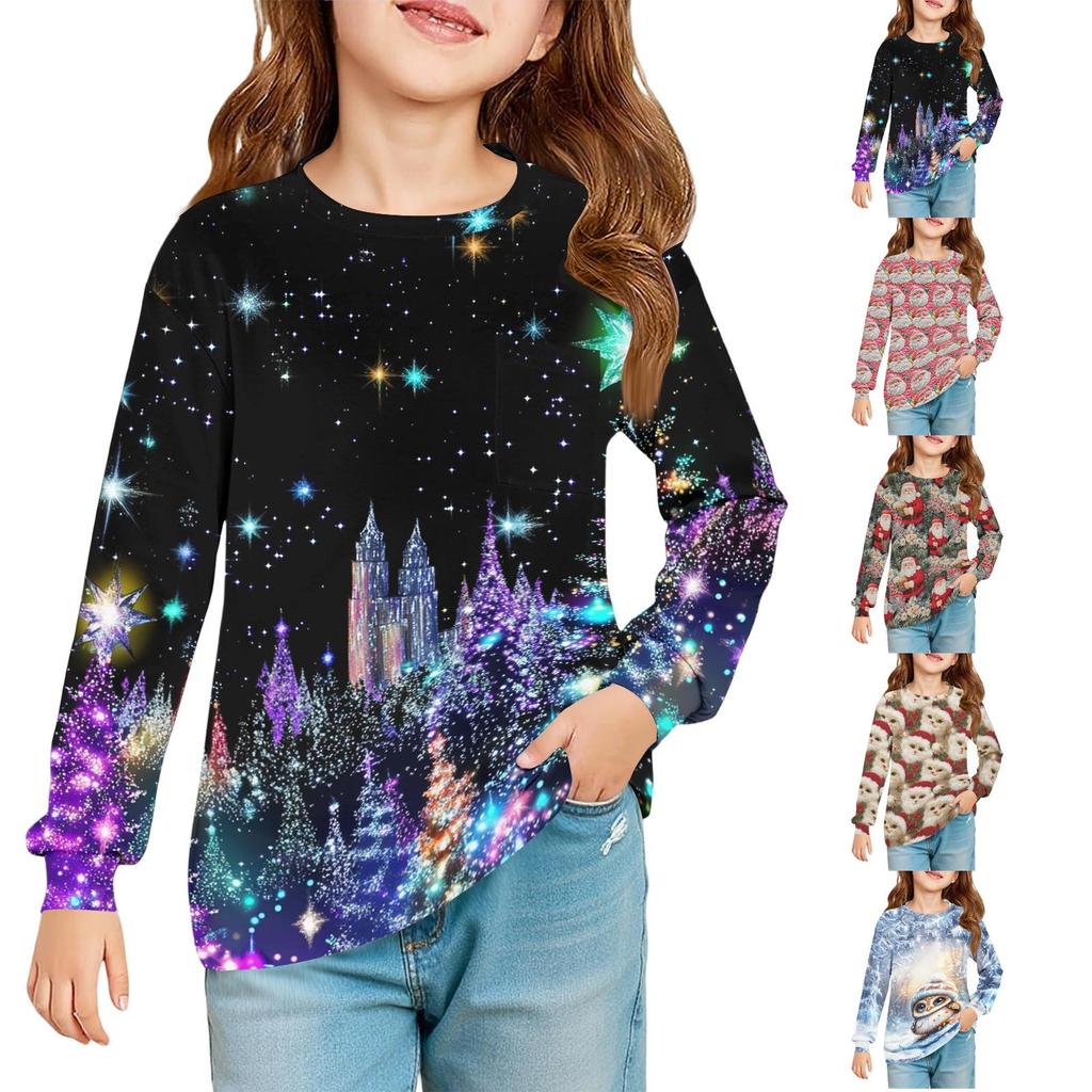 Children's Christmas Print Long Sleeve Neck Shirt with Pocket for Boys and Girls