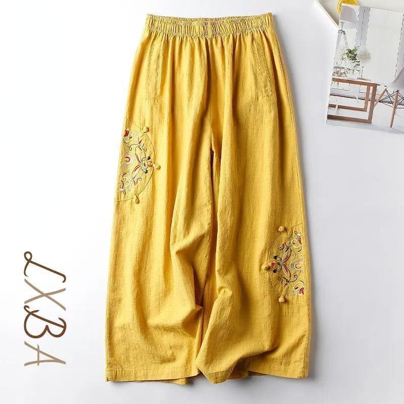Summer Ladies Cotton Linen Casual Pants Retro Ethnic Wind Embroidered Wide-legged Pants Thin Nine-point Pants