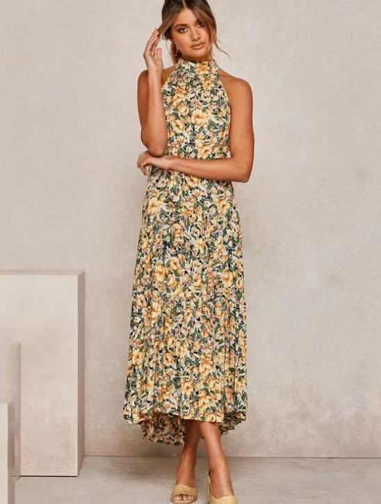 Women's long dress popular new neck polka dot printing lace-up dress