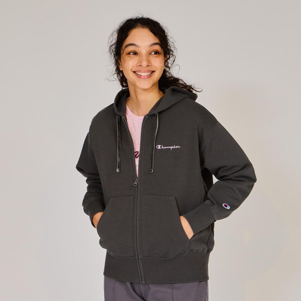 Champion Terry Zip Hooded Long Relax Script Women's Techweave® Sweatshirt, Sleeve, Fit, Stretch, Quick-Drying, Logo, Off-Black (CW-AS103)