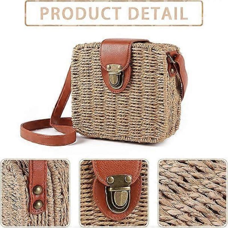 Womens Retro Straw Woven Cross Body Bags Portable Small Box Shoulder Bags Messenger Satchel Brown