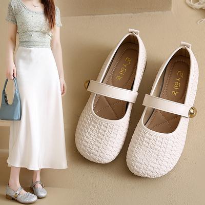 Flat Bottom Shallow Mouth Single Shoes Women's New Autumn Trendy Matching Skirt One-word Belt Woven Mary Jane Shoes Women