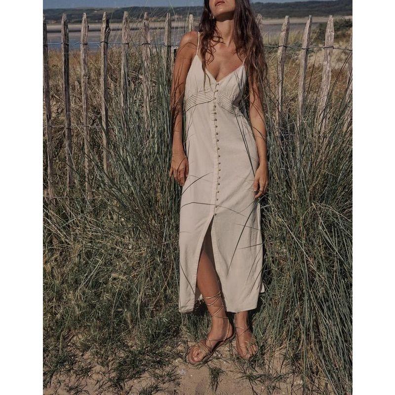 Spring New Arrival V-neck Lace Design Decorated Row Button Linen Blended Sling Midi Skirt Dress 7964709